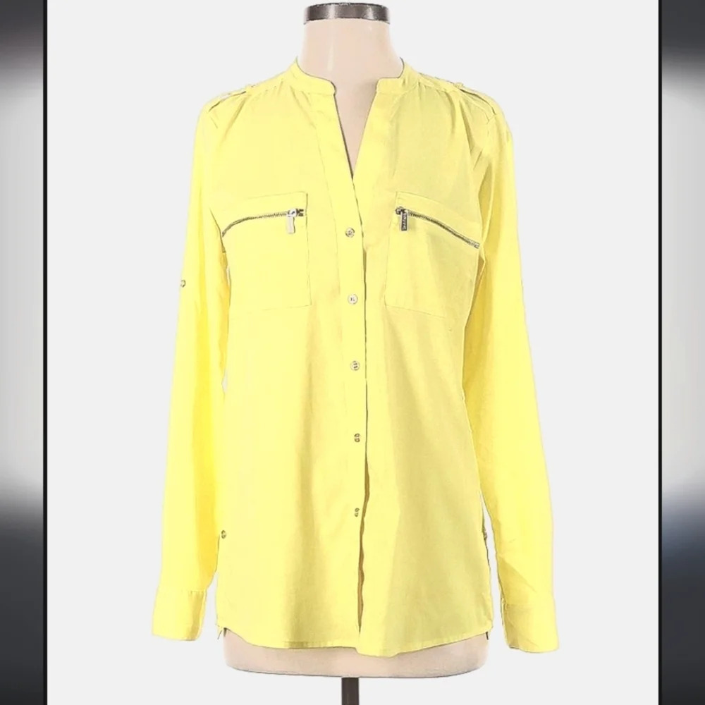 Calvin Klein Bright Yellow Sheer Button Front Zip Pockets Sz M